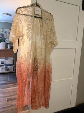 Sheer Ombre Lace Kimono Duster - Cream to Coral
